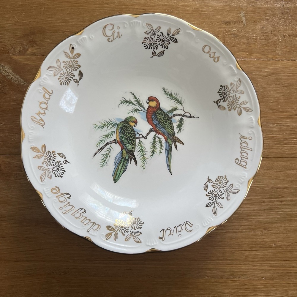 Vintage Figgjo Flint Norway Parrot Bird Bowl Gold Rim Floral 9.5" Retro Cottage